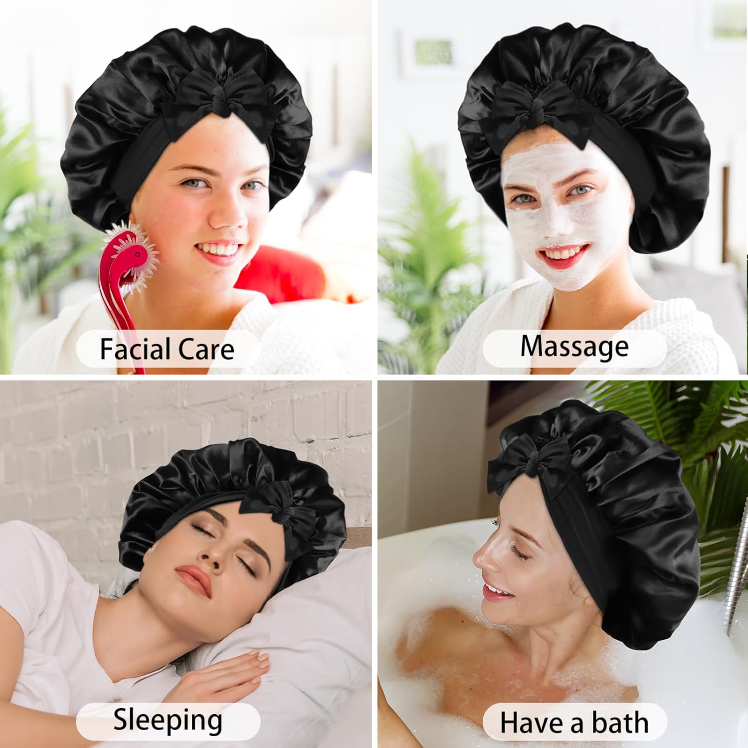 2PCS Silk Bonnet for Sleeping Women, Satin Bonnet Night Sleep Hair Cap for Curly Hair with Tie Band Black+Purple