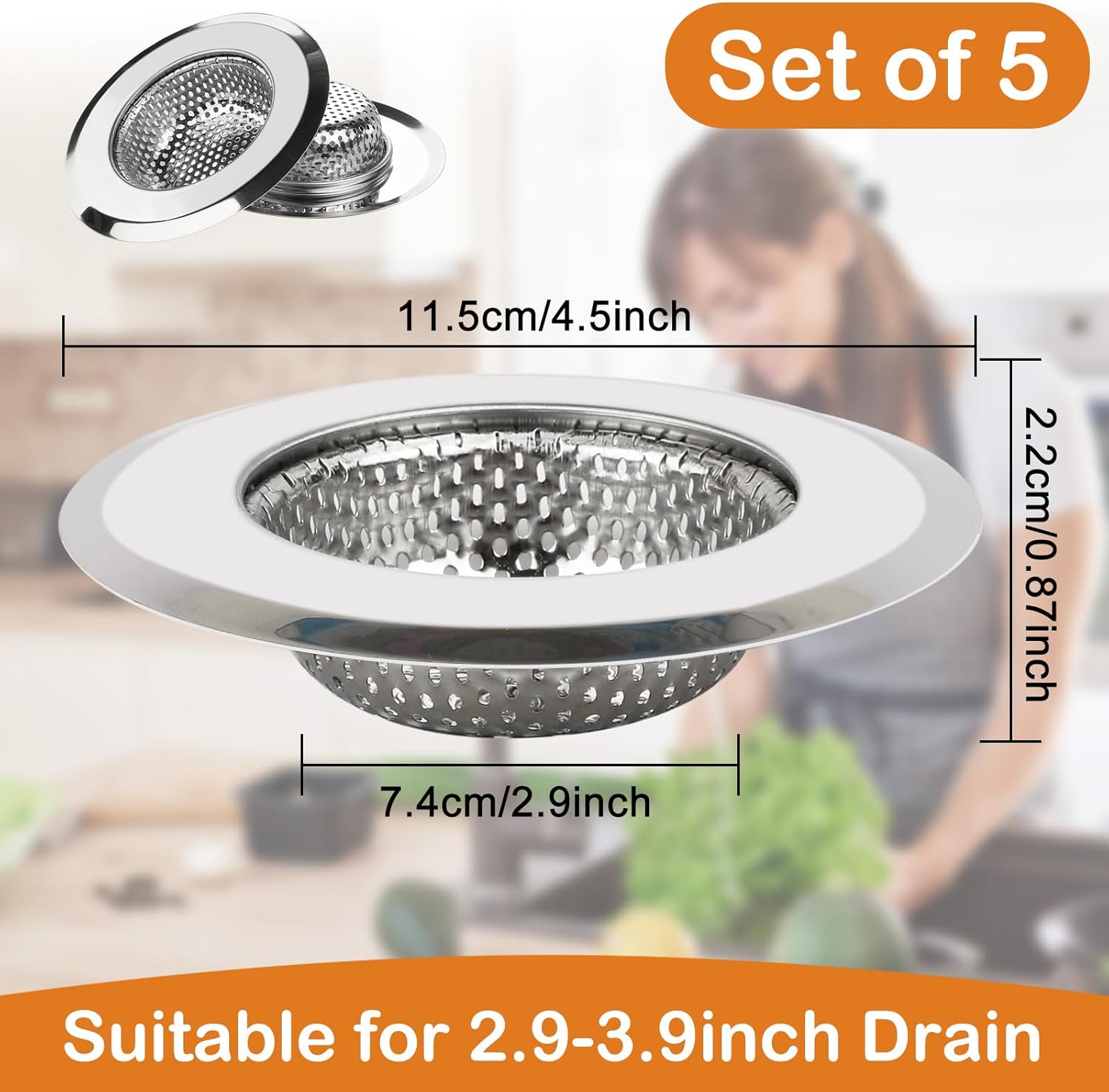 Kitchen Sink Strainer 5 Pcs, 4.5 Inch/11.5cm Stainless Steel Sink Drain Strainer Kit Food Catcher for Kitchen Sink