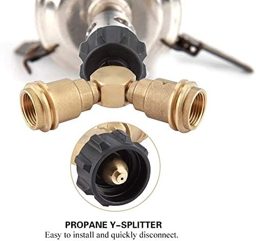 Propane Splitter, Propane Y Splitter Tee Solid Brass with 1-Male QCC and 2-Female QCC for BBQ Grill,Camping Stoves, Gas Burners, Heater, Fire Pit