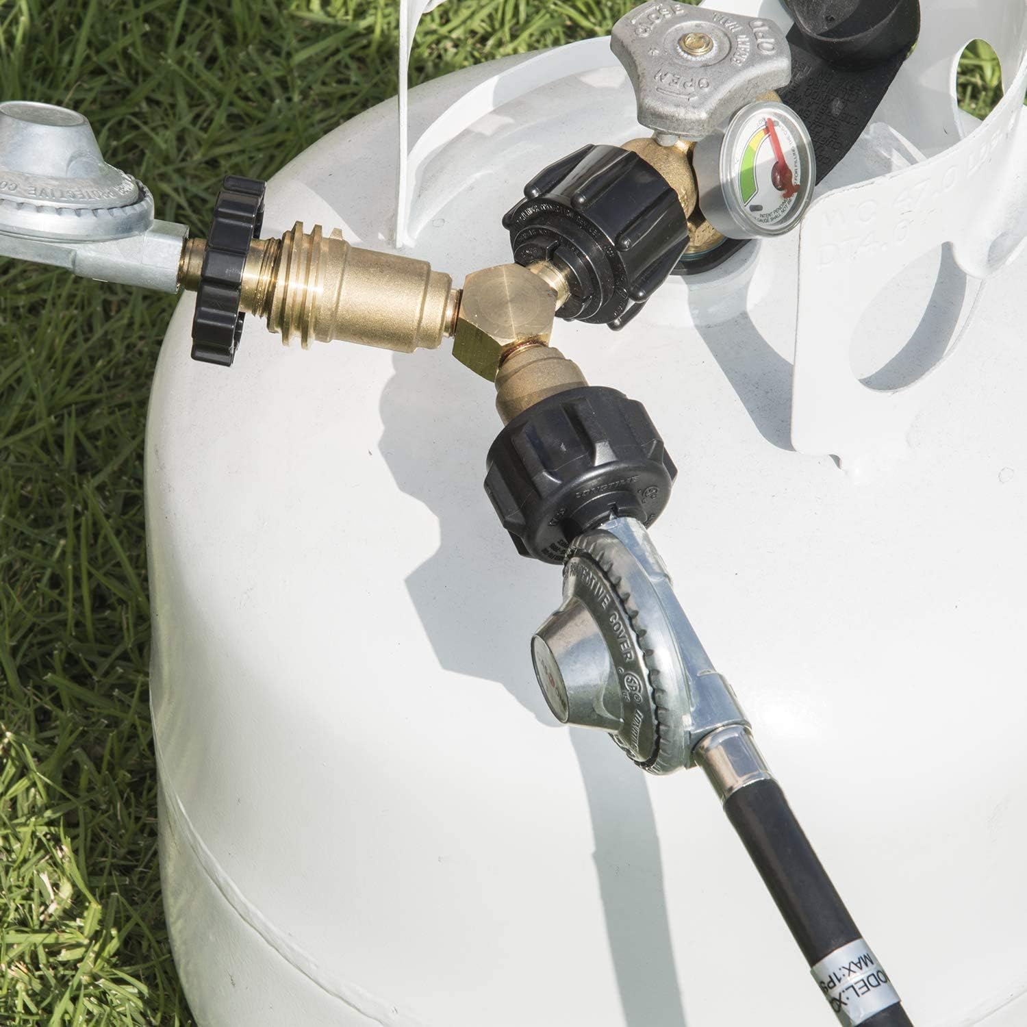 Propane Splitter, Propane Y Splitter Tee Solid Brass with 1-Male QCC and 2-Female QCC for BBQ Grill,Camping Stoves, Gas Burners, Heater, Fire Pit