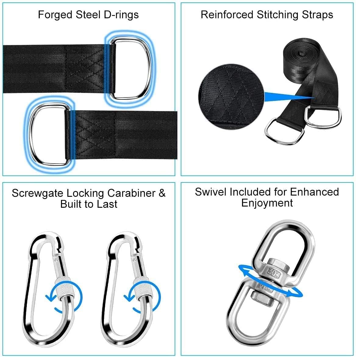 Tree Swing Straps Hanging Kit Holds 2200 lbs, 5FT Swing Straps 2 Pack Tree Protector Mats with 2 Safety Heavy Duty Carabiner & 1 Stainless Steel Swivel, Carry Bag Included, Perfect for Hammocks & Most Swing Seats