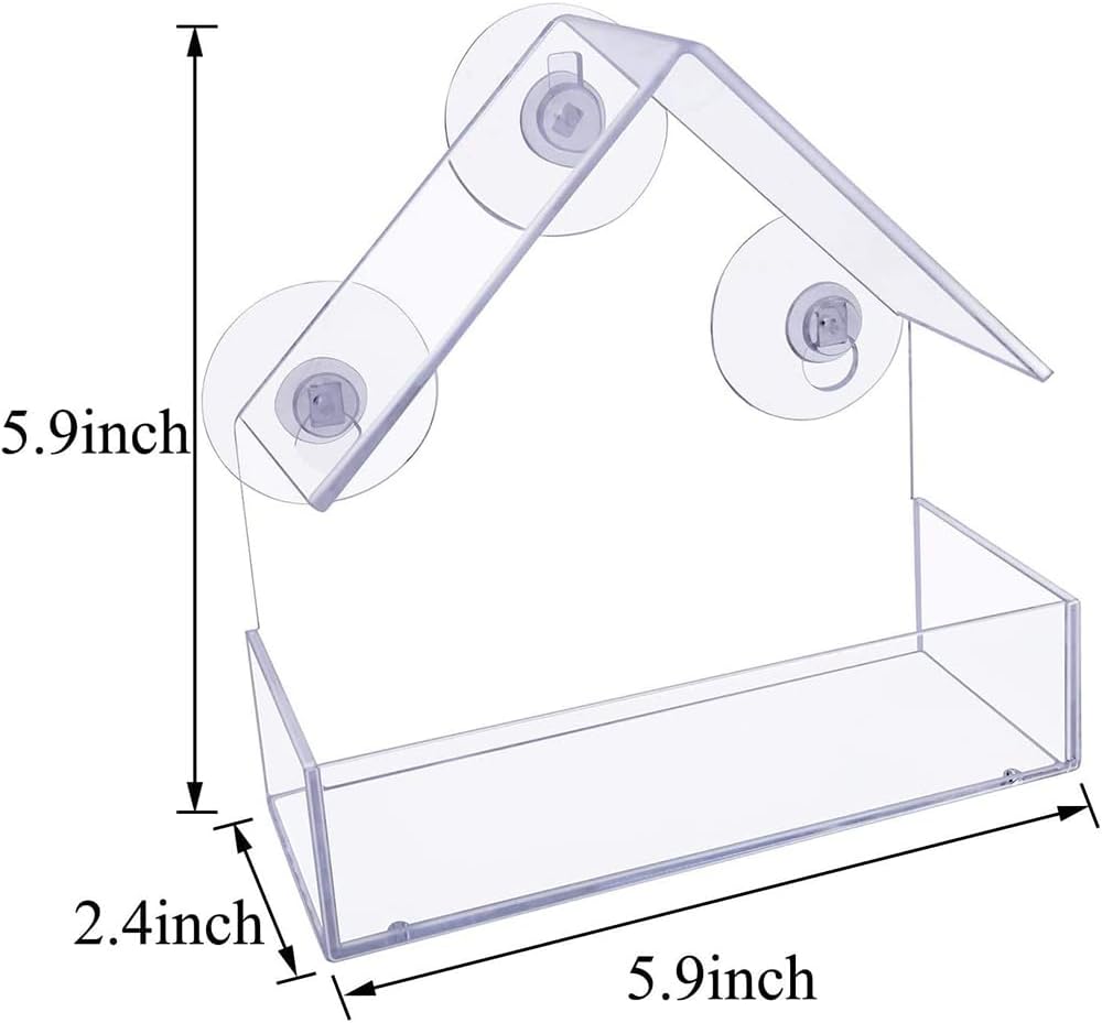 Bird Feeder, Window Bird House Crystal Clear Acrylic with Seed Tray, Drain Holes and 3 Suction Cups, Weatherproof Design, Squirrel Resistant, Drains Rain Water, Great Gift Idea for Nature Lovers