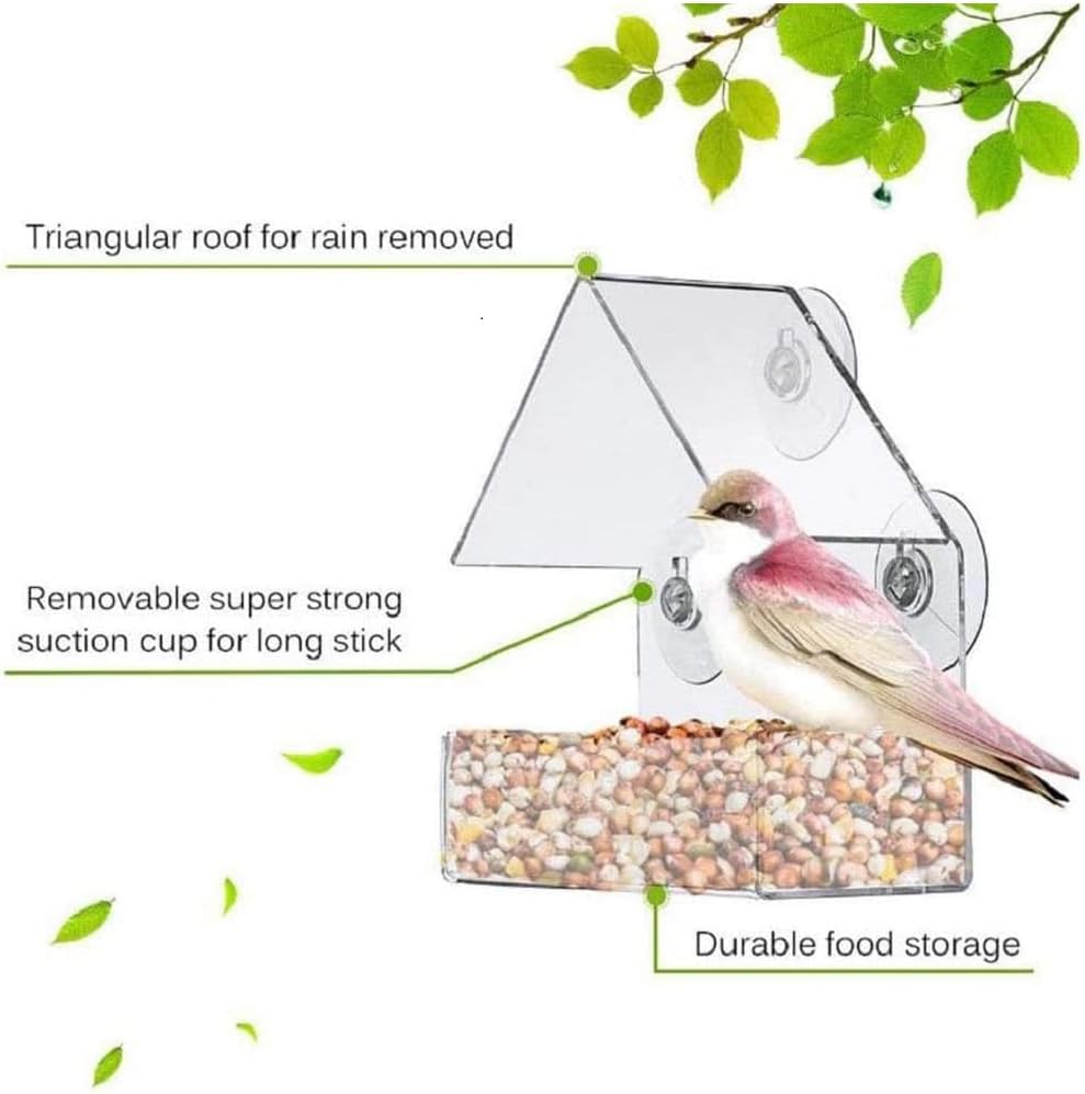 Bird Feeder, Window Bird House Crystal Clear Acrylic with Seed Tray, Drain Holes and 3 Suction Cups, Weatherproof Design, Squirrel Resistant, Drains Rain Water, Great Gift Idea for Nature Lovers