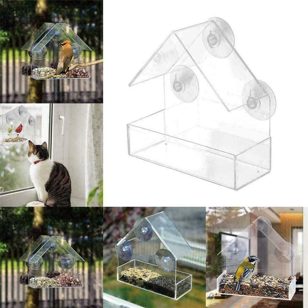 Bird Feeder, Window Bird House Crystal Clear Acrylic with Seed Tray, Drain Holes and 3 Suction Cups, Weatherproof Design, Squirrel Resistant, Drains Rain Water, Great Gift Idea for Nature Lovers