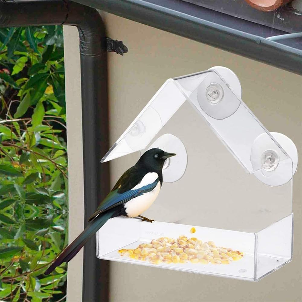 Bird Feeder, Window Bird House Crystal Clear Acrylic with Seed Tray, Drain Holes and 3 Suction Cups, Weatherproof Design, Squirrel Resistant, Drains Rain Water, Great Gift Idea for Nature Lovers