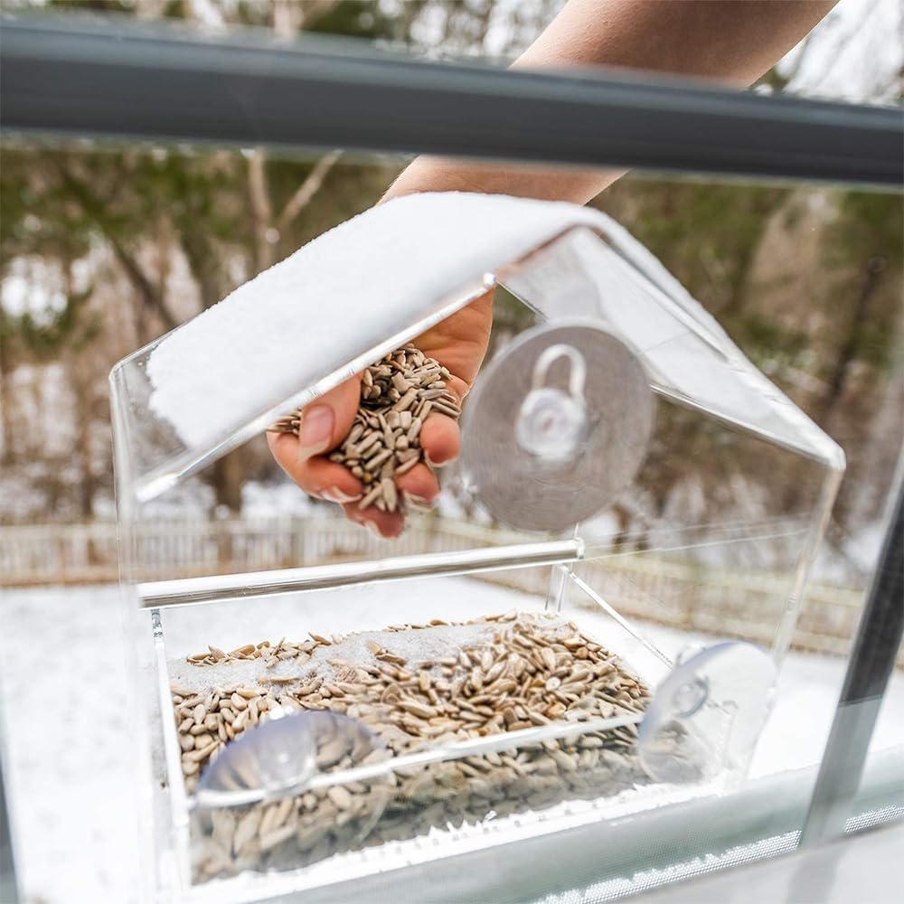 Bird Feeder, Window Bird House Crystal Clear Acrylic with Seed Tray, Drain Holes and 3 Suction Cups, Weatherproof Design, Squirrel Resistant, Drains Rain Water, Great Gift Idea for Nature Lovers