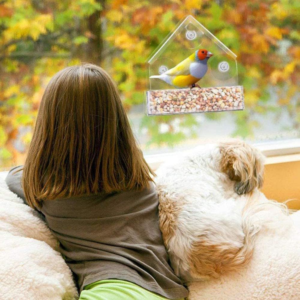 Bird Feeder, Window Bird House Crystal Clear Acrylic with Seed Tray, Drain Holes and 3 Suction Cups, Weatherproof Design, Squirrel Resistant, Drains Rain Water, Great Gift Idea for Nature Lovers