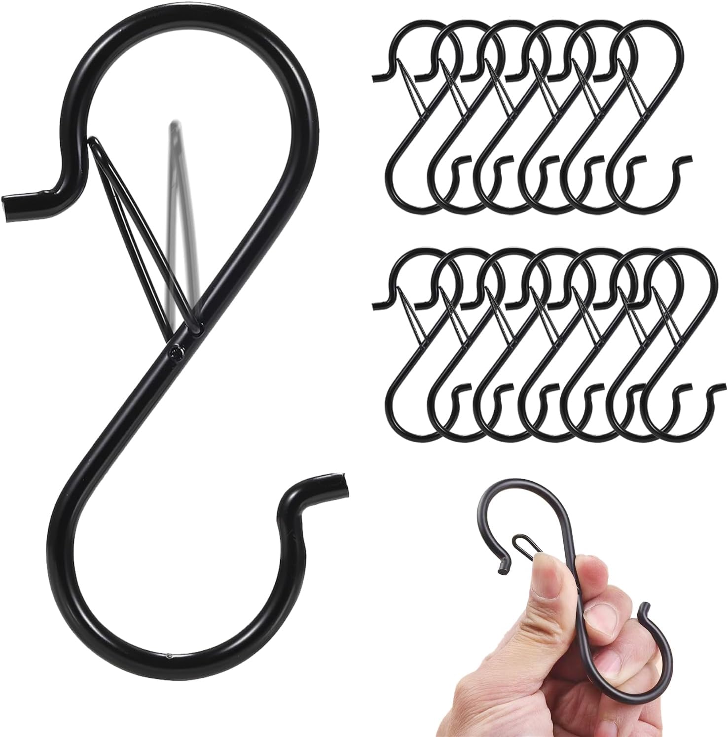 12 Pcs S Hooks for Hanging, Heavy Duty Metal S Shaped Hooks with Safety Buckle for Plants, Pots, Towels and Bags, 3.55 inch Black