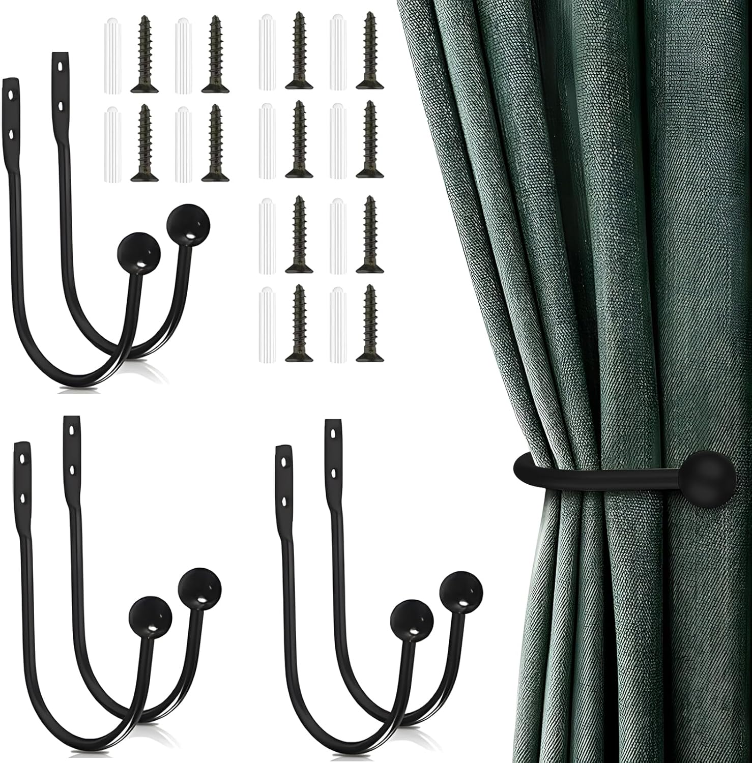 6 Pcs Curtain Holdbacks Curtain Tiebacks, U Shaped Curtain Hooks Wall Mount Window Curtain Holder Black