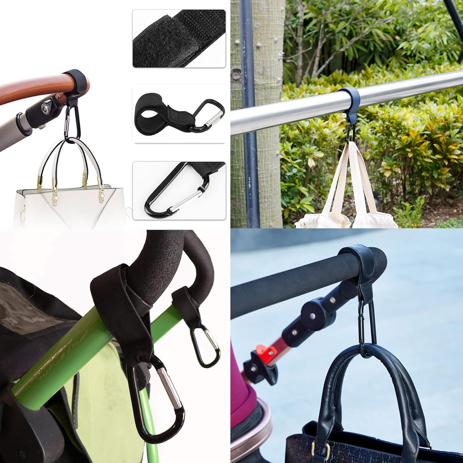 Baby Stroller Hooks, 2 PCS Leather Heavy Duty Mommy Hook with Adjustable Strap for Hanging Diaper Bag, Stroller Organizer, Groceries on Buggy Pushchair Black