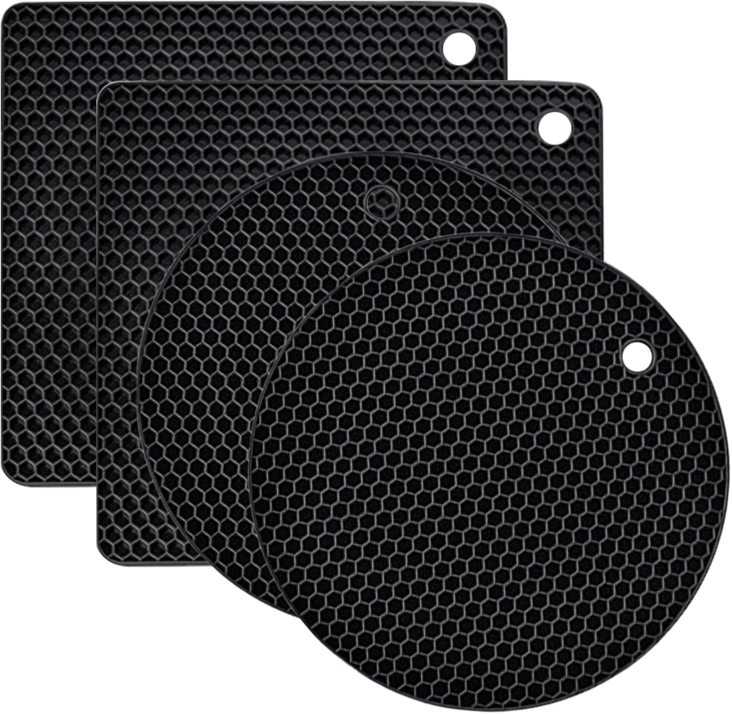4 Pack Silicone Trivet Mats, Heat Resistant Pot Holders Non-Slip Hot Pads for Kitchen, Silicone Trivets for hot pots 2 Square and 2 Round Mats Black
