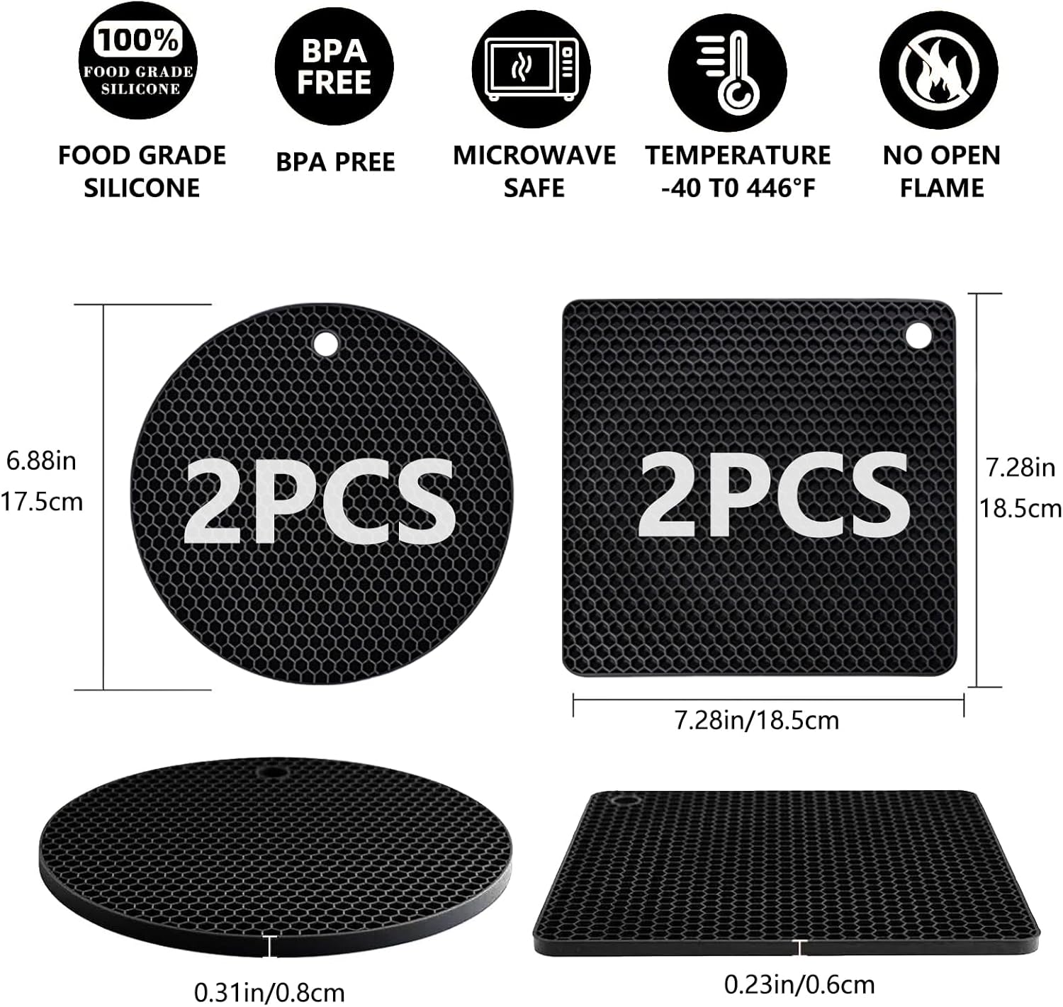 4 Pack Silicone Trivet Mats, Heat Resistant Pot Holders Non-Slip Hot Pads for Kitchen, Silicone Trivets for hot pots 2 Square and 2 Round Mats Black