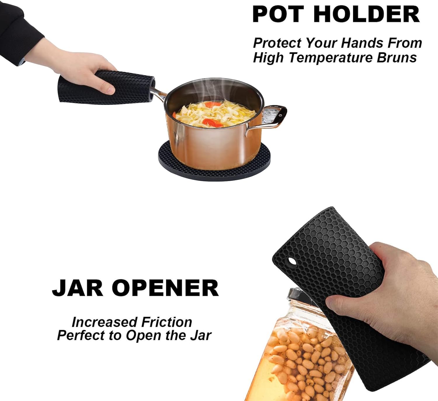 4 Pack Silicone Trivet Mats, Heat Resistant Pot Holders Non-Slip Hot Pads for Kitchen, Silicone Trivets for hot pots 2 Square and 2 Round Mats Black