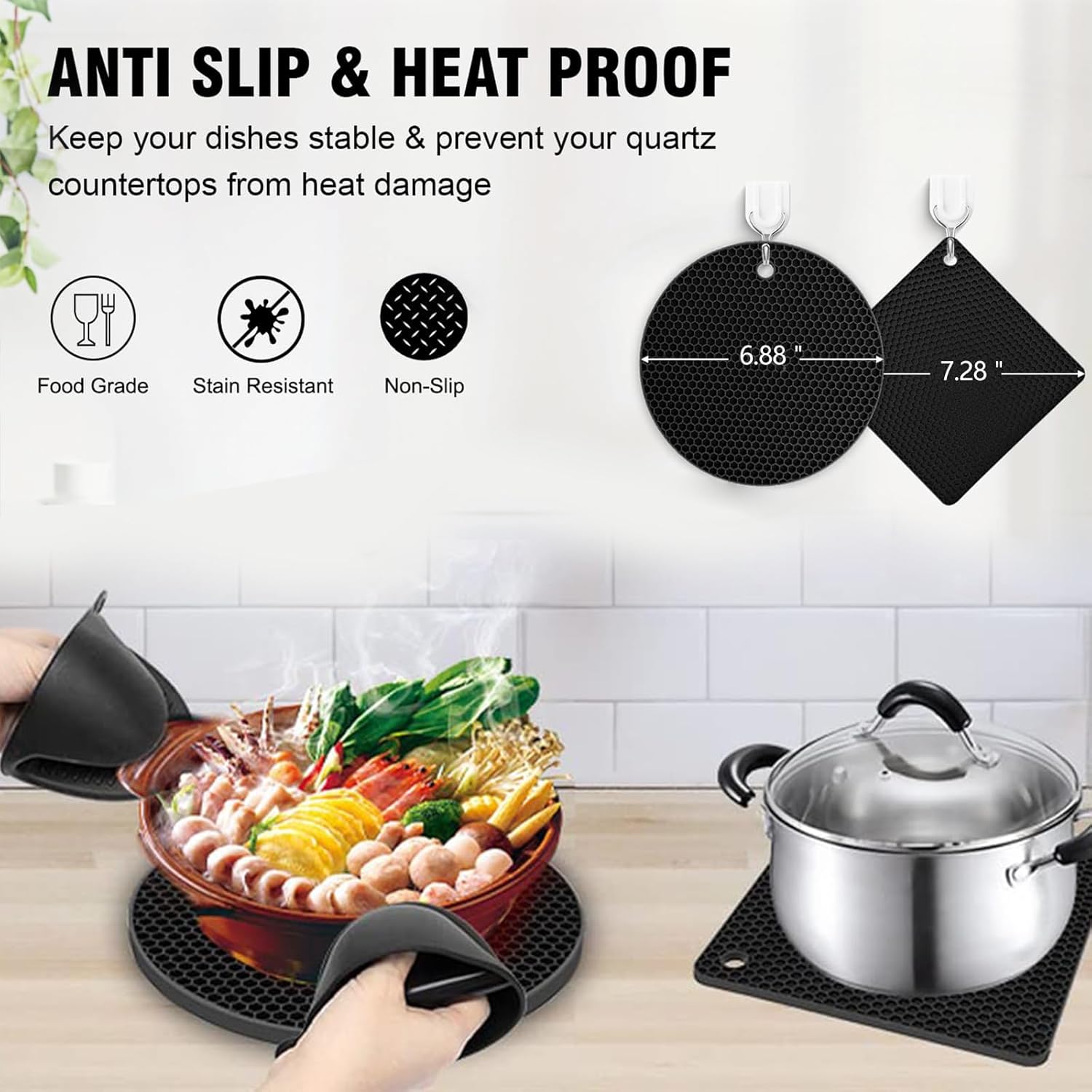 4 Pack Silicone Trivet Mats, Heat Resistant Pot Holders Non-Slip Hot Pads for Kitchen, Silicone Trivets for hot pots 2 Square and 2 Round Mats Black