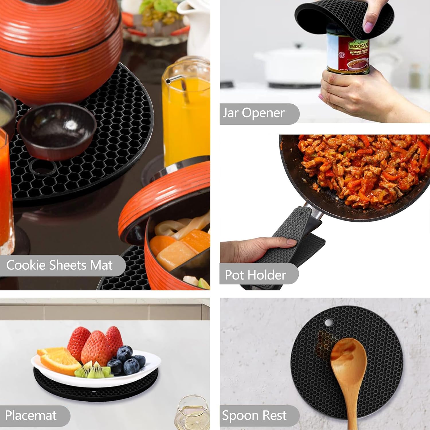 4 Pack Silicone Trivet Mats, Heat Resistant Pot Holders Non-Slip Hot Pads for Kitchen, Silicone Trivets for hot pots 2 Square and 2 Round Mats Black