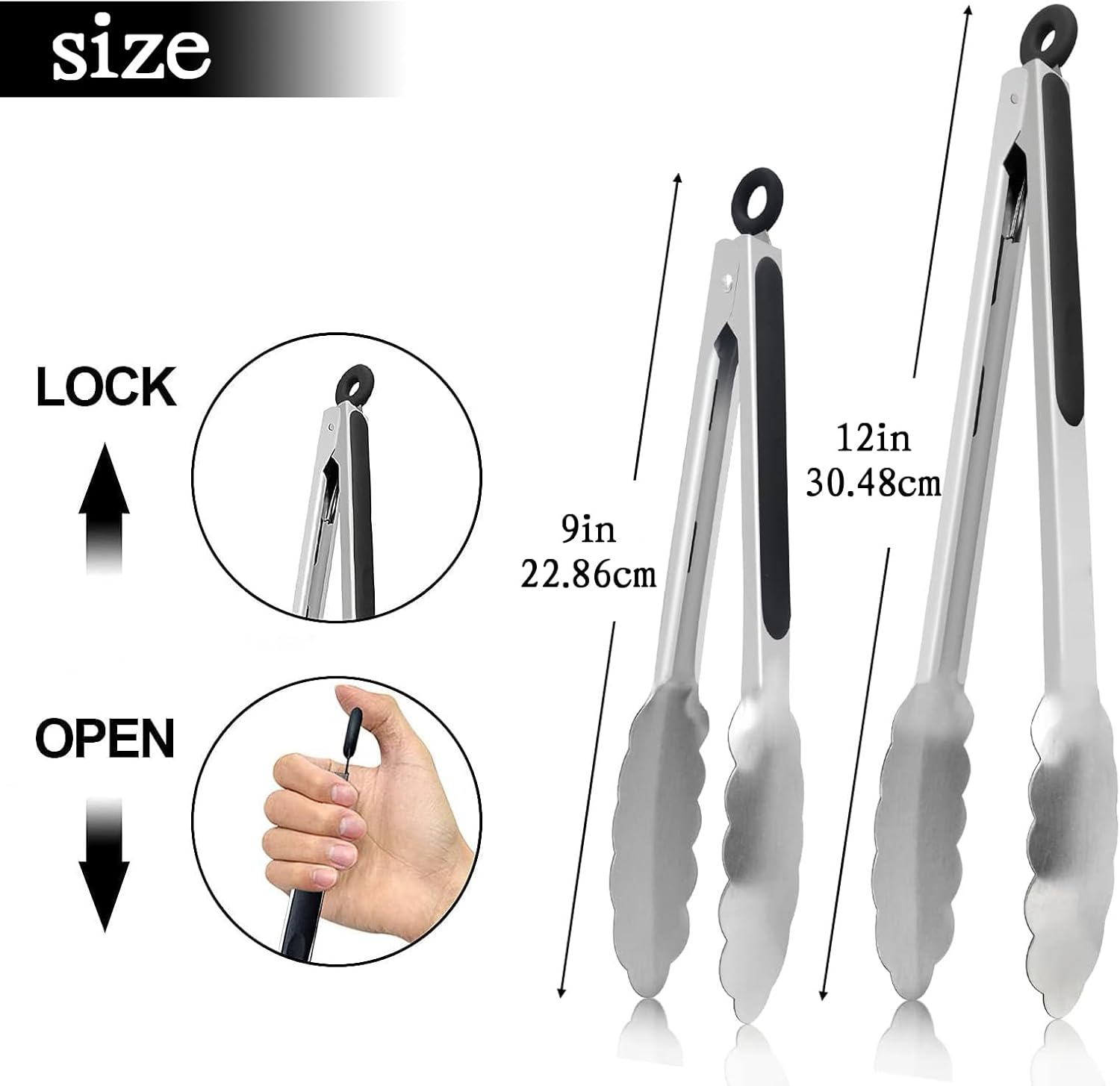 2 Pack Kitchen Tongs, 9" and 12" Stainless Steel Cooking Tongs, Non-Slip Heat Resistant Handle Heavy Duty Food Locking Tongs