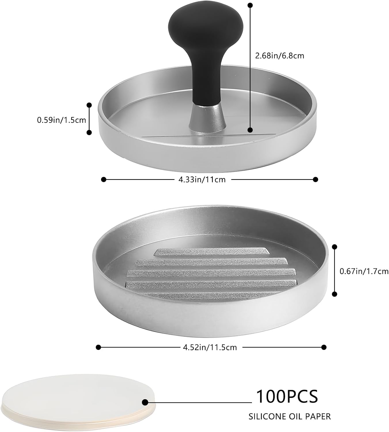 Hamburger Press Patty Maker, 4.6 in Food Grade Aluminum Burger Press, Non-Stick, with 100 Pcs Wax Paper, for Grilling and Cooking