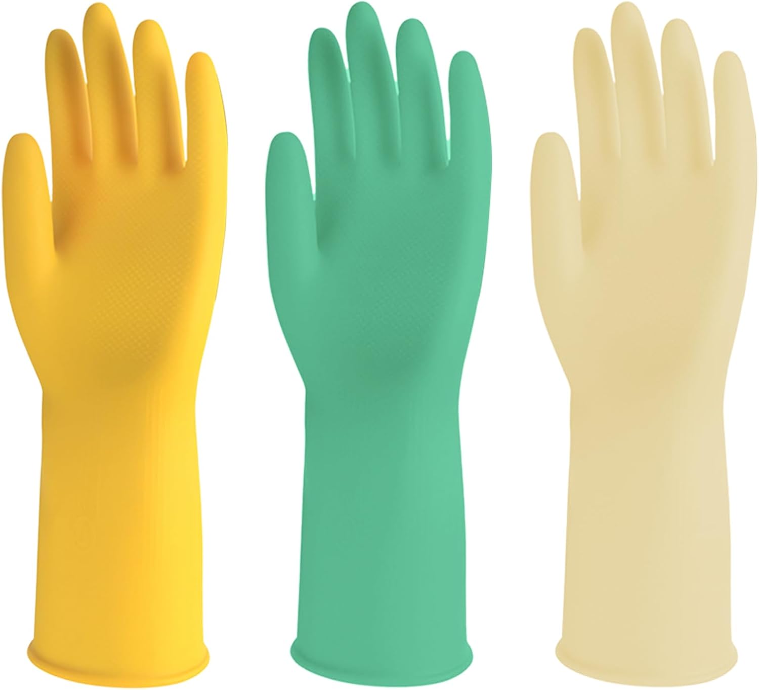 3 Pairs Rubber Cleaning Gloves for Household, Reusable Extra Thick Dishwashing Gloves Waterproof Non-Slip Gloves for Kitchen Large, Beige+Yellow+Green