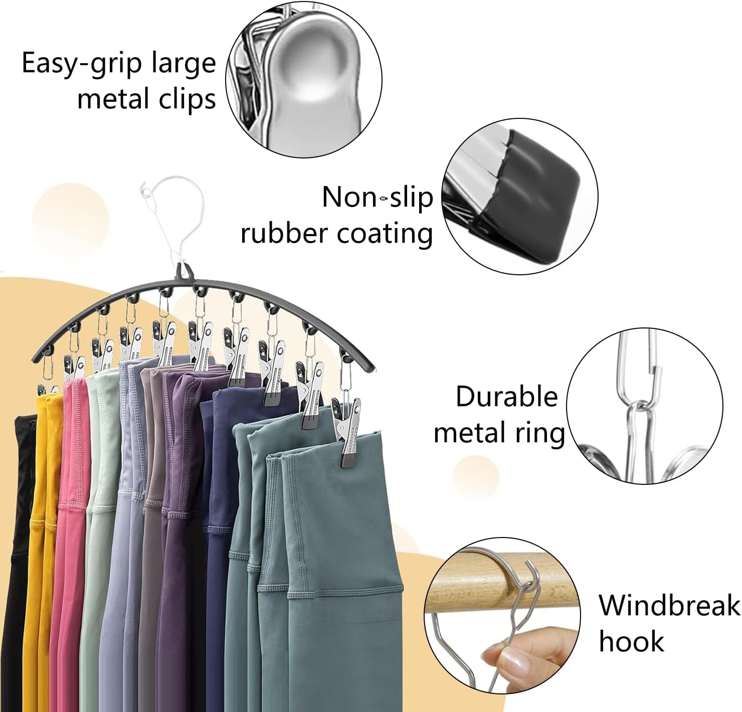 Legging Organizer for Closet, 2 Pack Metal Yoga Pants Hangers 10 Clips Holds 20 Leggings, Space Saving Hanging Closet Organizer Rubber Coated for Organizers and Storage Black