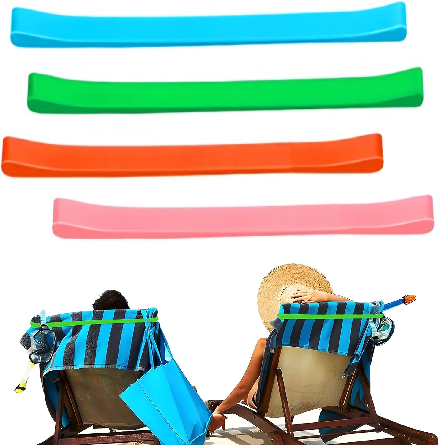 Towel Bands 4 Pack , Stretch Silicone Beach Towel Clips for Beach Pool & Cruise Chairs, Summer Beach Trip Essentials