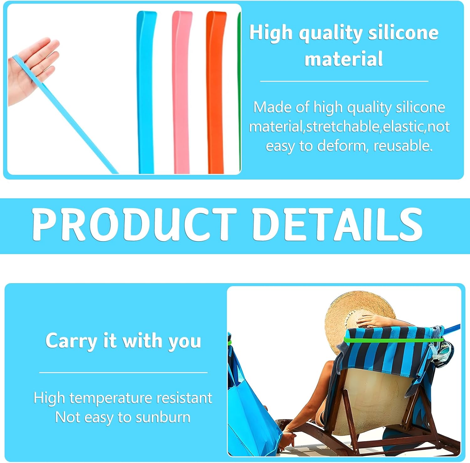Towel Bands 4 Pack , Stretch Silicone Beach Towel Clips for Beach Pool & Cruise Chairs, Summer Beach Trip Essentials