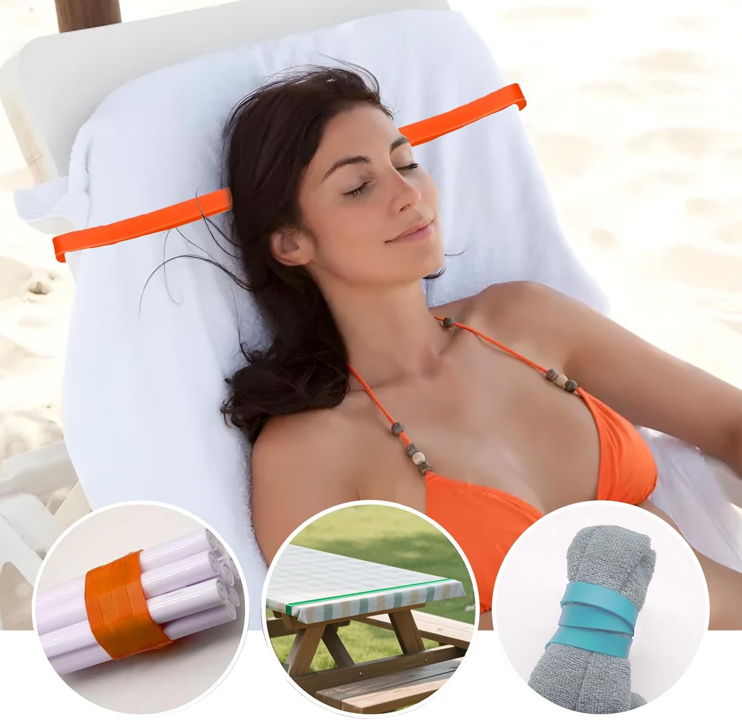 Towel Bands 4 Pack , Stretch Silicone Beach Towel Clips for Beach Pool & Cruise Chairs, Summer Beach Trip Essentials