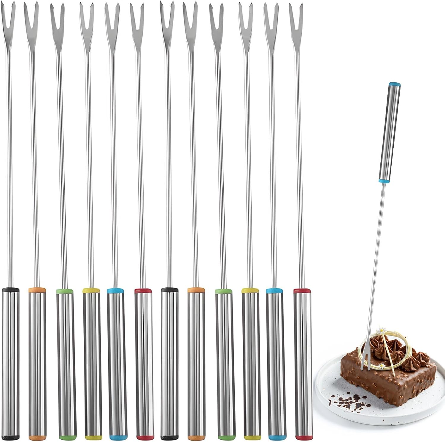 12 Pieces Fondue Forks, Stainless Steel Fondue Forks Roasting Sticks 24cm Fondue Skewers with Heat Resistant Handle for Cheese Chocolate Fondue Roast Marshmallows Meat