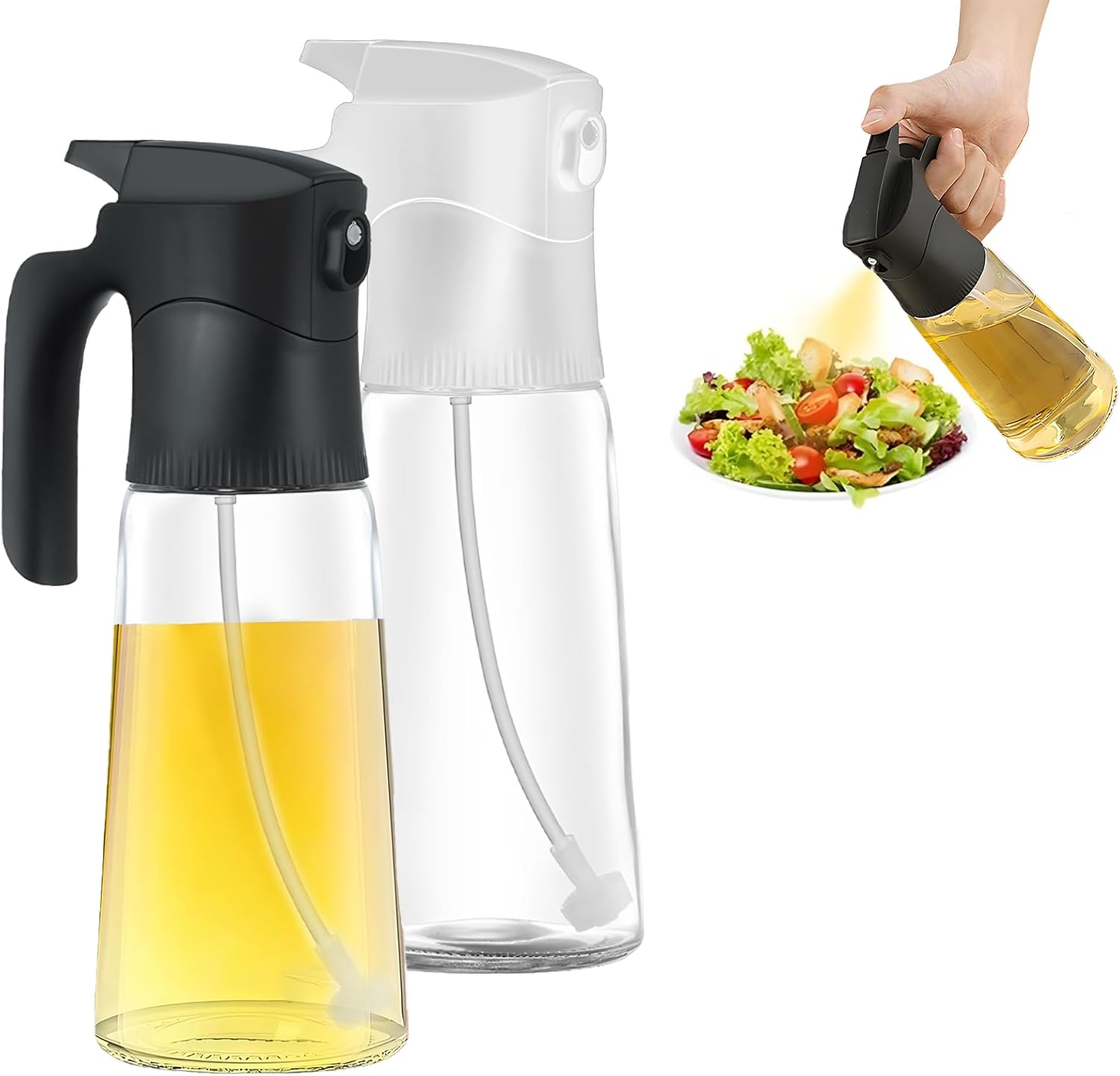 2 Pcs Oil Sprayer for Cooking, 300 ml Olive Oil Dispenser, Glass Oil Spray Bottle with Scale for Kitchen, Salad, Barbecue, Baking Black & White