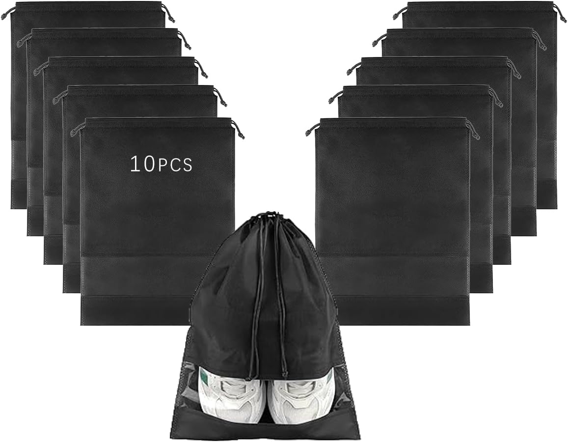 10-Pack Black Non-Woven Shoe Bags, 12.6"x17.3" Breathable Reusable Dustproof Storage Organizers for Travel, Closet, Boots & Seasonal Shoe Protection 10