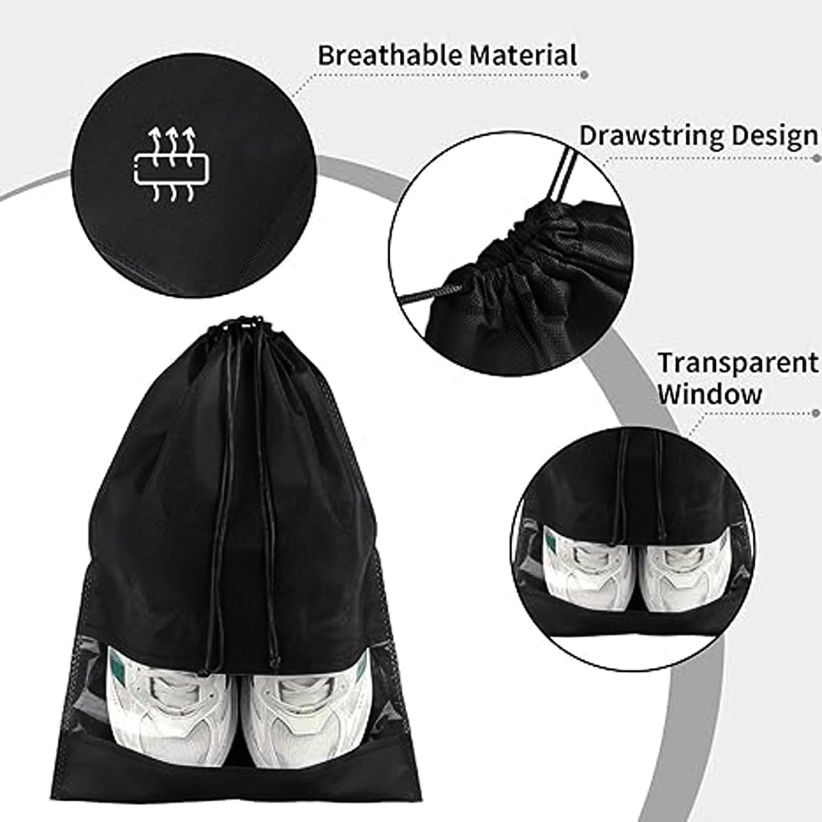 10-Pack Black Non-Woven Shoe Bags, 12.6"x17.3" Breathable Reusable Dustproof Storage Organizers for Travel, Closet, Boots & Seasonal Shoe Protection 10