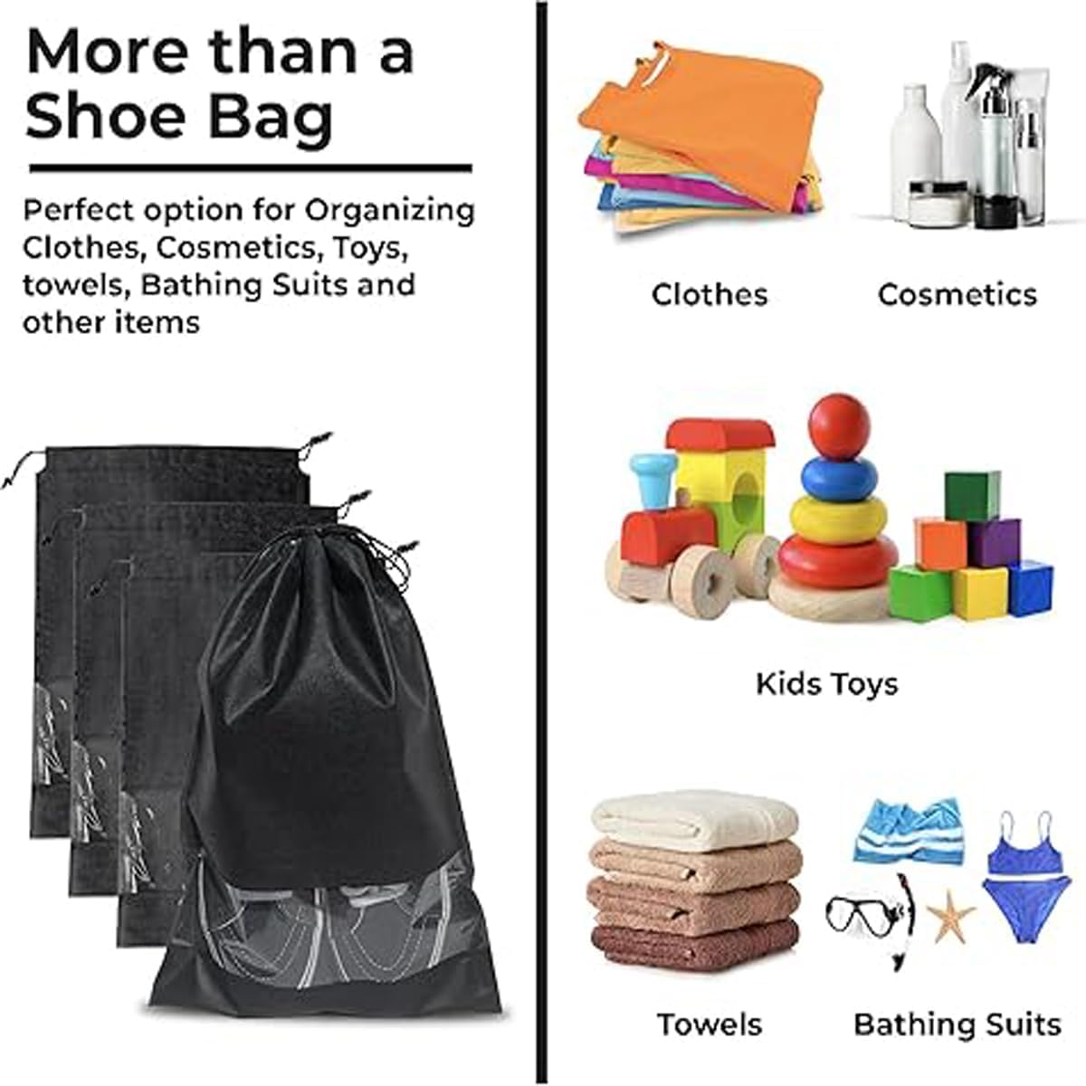 10-Pack Black Non-Woven Shoe Bags, 12.6"x17.3" Breathable Reusable Dustproof Storage Organizers for Travel, Closet, Boots & Seasonal Shoe Protection 10