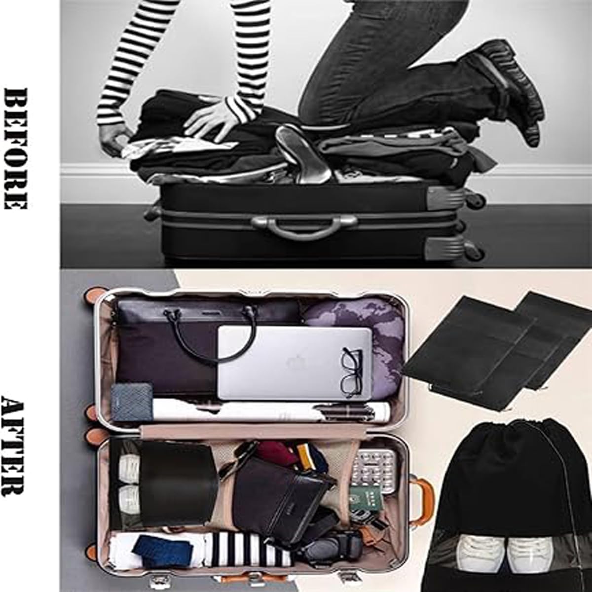 10-Pack Black Non-Woven Shoe Bags, 12.6"x17.3" Breathable Reusable Dustproof Storage Organizers for Travel, Closet, Boots & Seasonal Shoe Protection 10