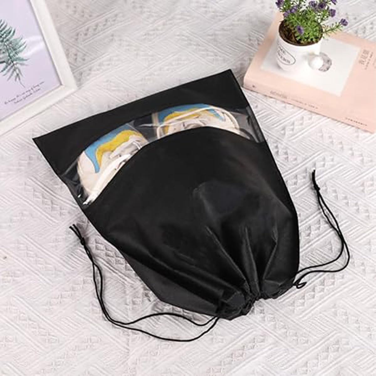 10-Pack Black Non-Woven Shoe Bags, 12.6"x17.3" Breathable Reusable Dustproof Storage Organizers for Travel, Closet, Boots & Seasonal Shoe Protection 10