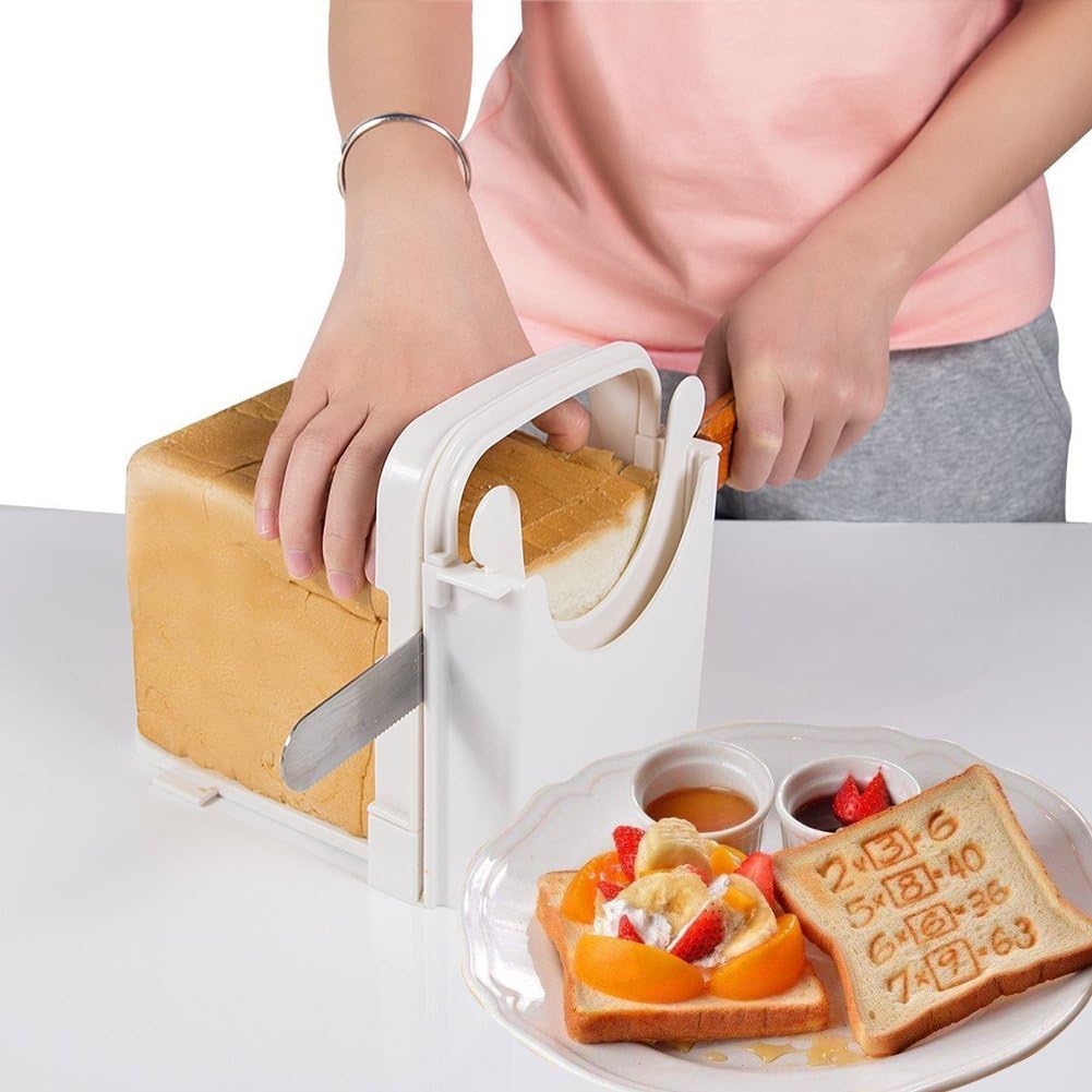 Foldable & Adjustable Bread Slicer Guide for Homemade Toast Cutter Sandwich Maker Loaf Cutter Machine With Cutting Guide White