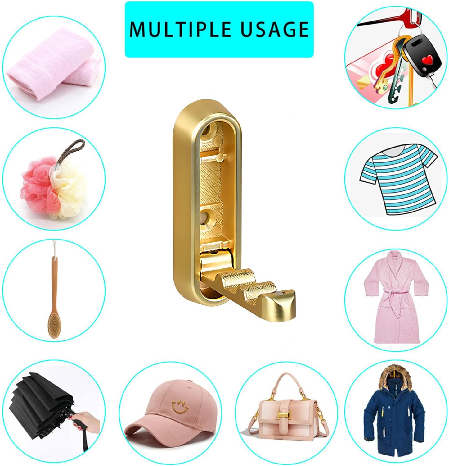 Foldable Towel Hooks for Bathroom 4 Pack,Wall Hooks for Hanging Heavy Duty Coat Robe Purse Foldable Hooks Storage Solution for Bathroom,Closet,Entryway,Pool and Kitchen 4, Brushed Gold