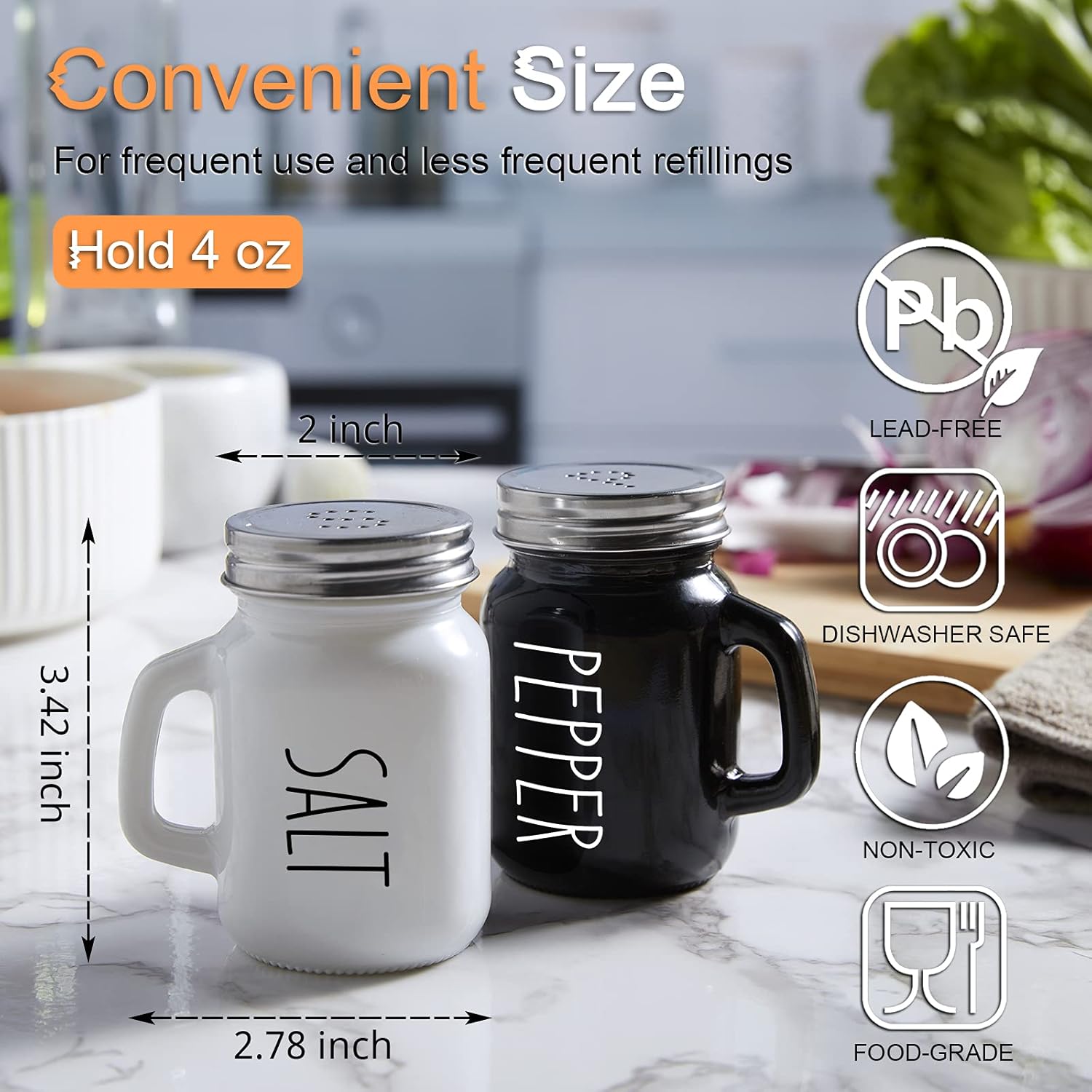 Salt and Pepper Shakers Set, 4 oz Cute Salt Pepper Shaker, Kitchen Decor for Home Restaurants Wedding, Glass Black White Shaker Sets with Stainless Steel Lids