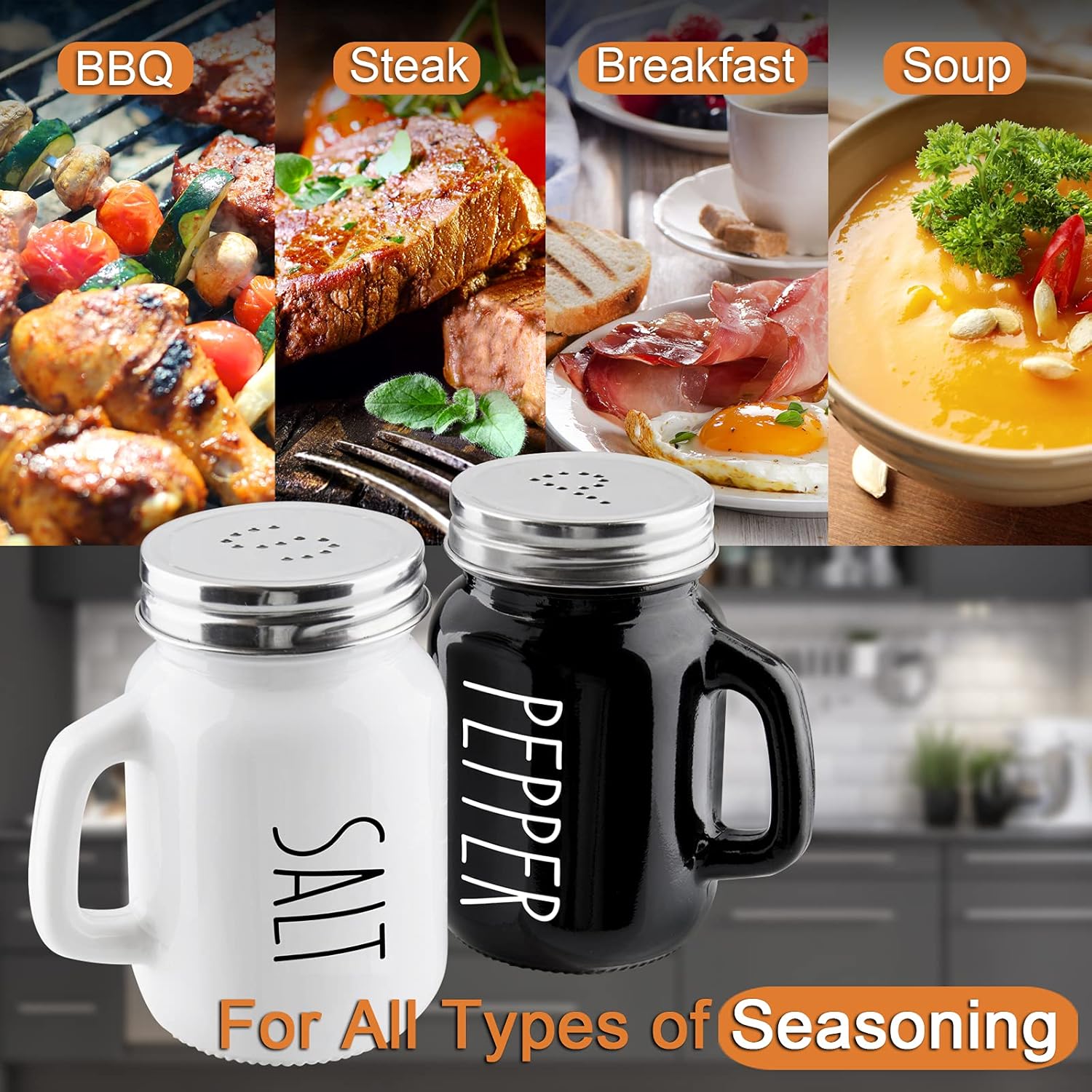 Salt and Pepper Shakers Set, 4 oz Cute Salt Pepper Shaker, Kitchen Decor for Home Restaurants Wedding, Glass Black White Shaker Sets with Stainless Steel Lids