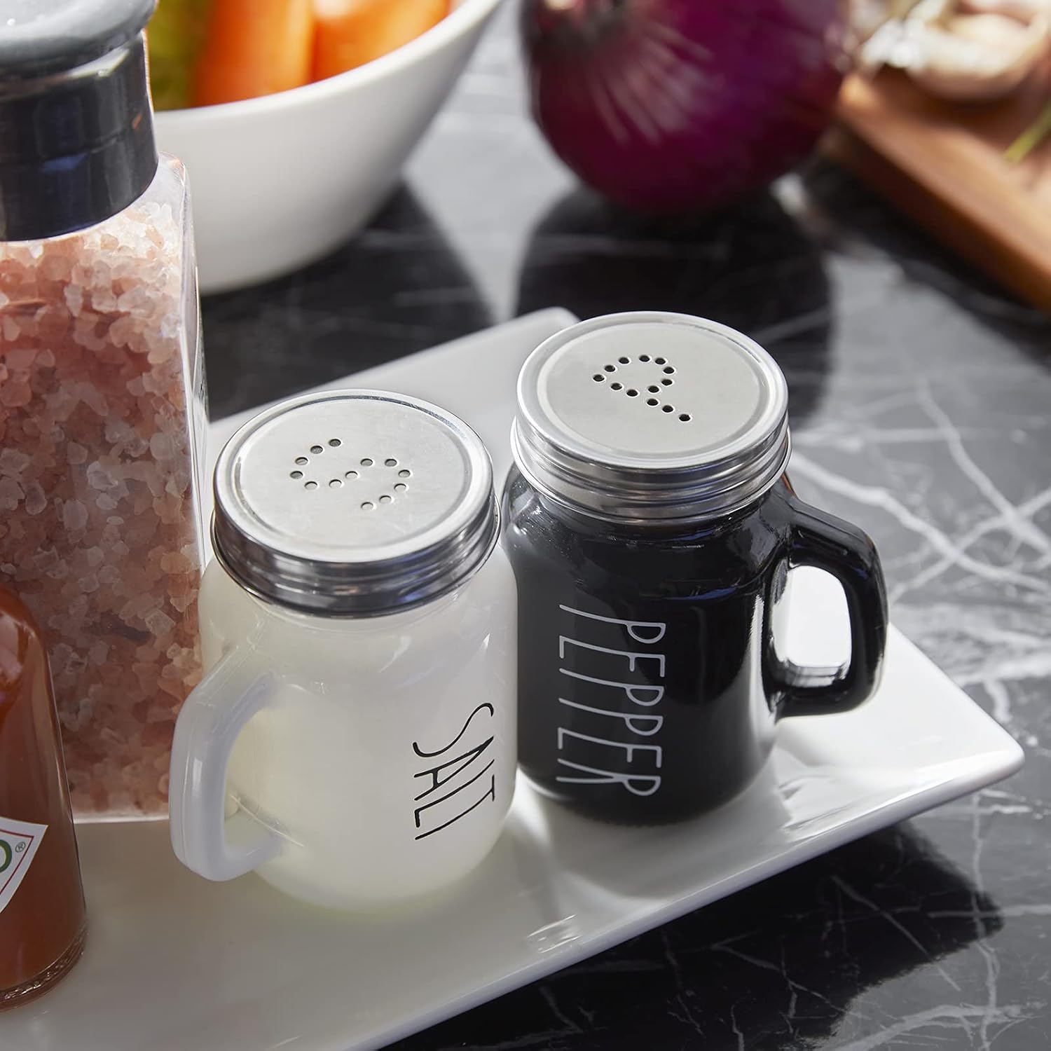 Salt and Pepper Shakers Set, 4 oz Cute Salt Pepper Shaker, Kitchen Decor for Home Restaurants Wedding, Glass Black White Shaker Sets with Stainless Steel Lids