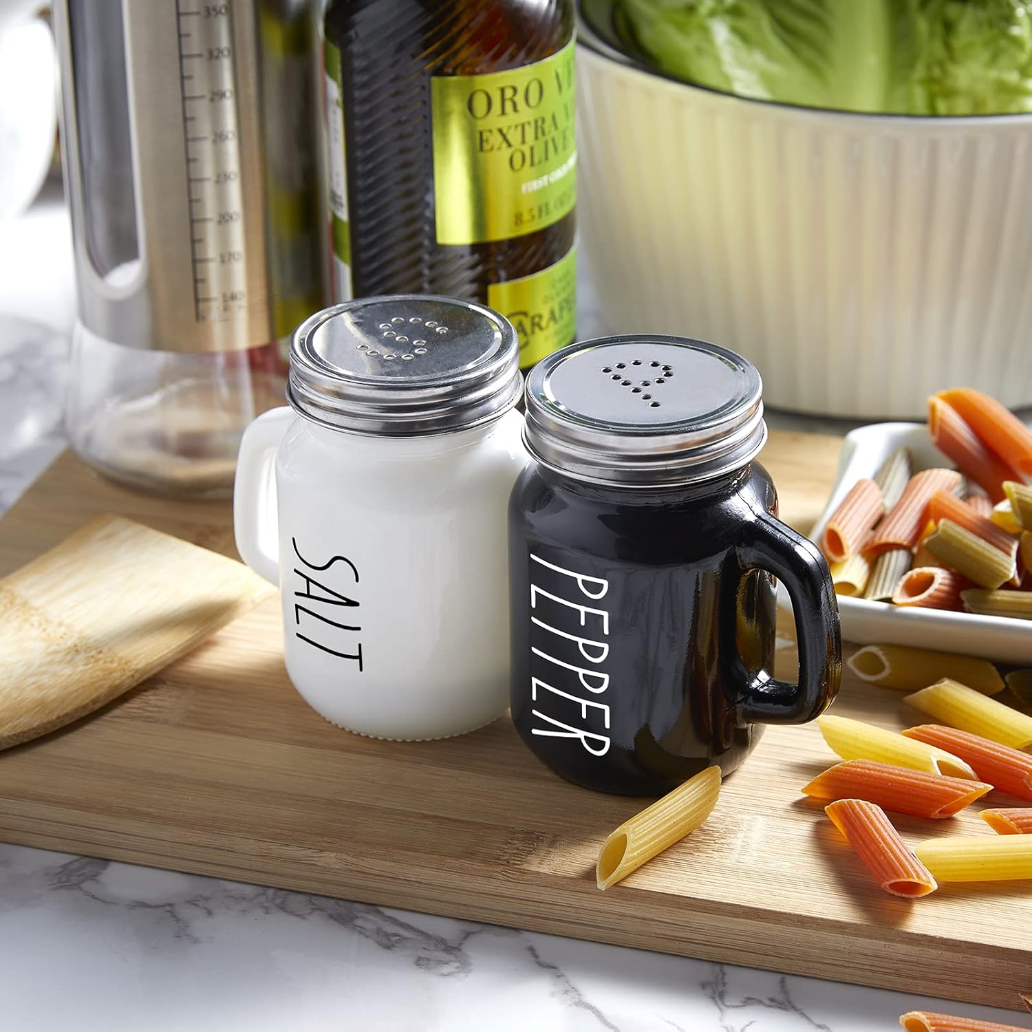Salt and Pepper Shakers Set, 4 oz Cute Salt Pepper Shaker, Kitchen Decor for Home Restaurants Wedding, Glass Black White Shaker Sets with Stainless Steel Lids