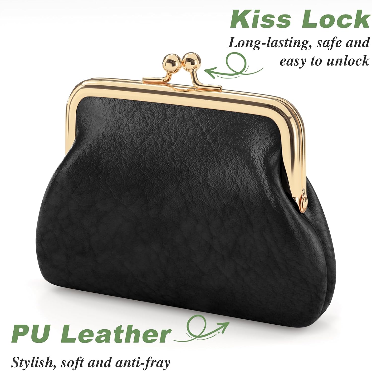 Coin Purse, Small PU Leather Change Purse, Coin Wallet with Clasp, Car Change Holder Pouch for Woman Men Kids Girls, Black