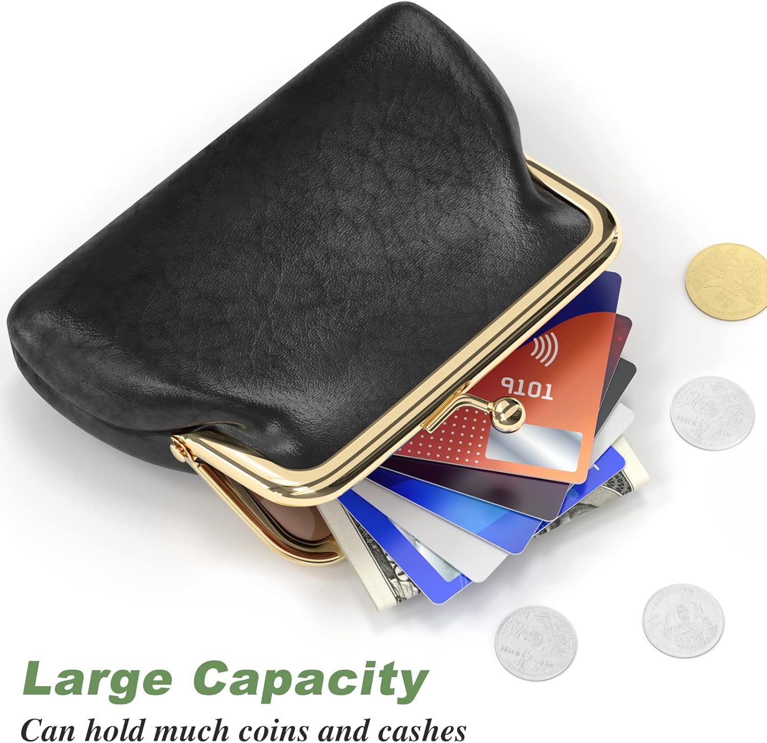 Coin Purse, Small PU Leather Change Purse, Coin Wallet with Clasp, Car Change Holder Pouch for Woman Men Kids Girls, Black