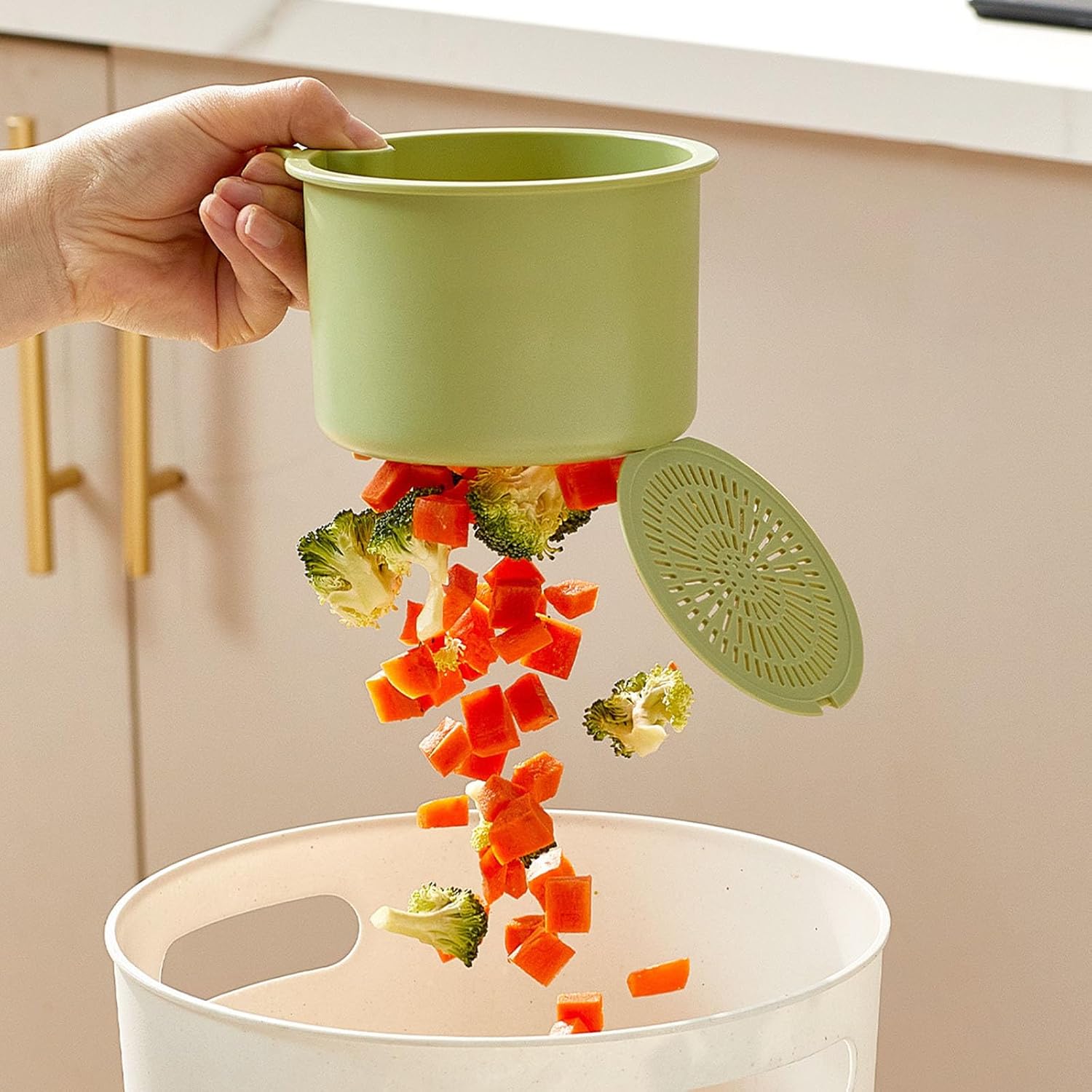Kitchen Sink Strainer Basket, Self Cleaning Sink Food Waste Catcher, Faucet Hanging, Press Automatic Dumping Kitchen Draining Basket, Waste Rack Trash Catcher for Leftovers Green+White+Yellow