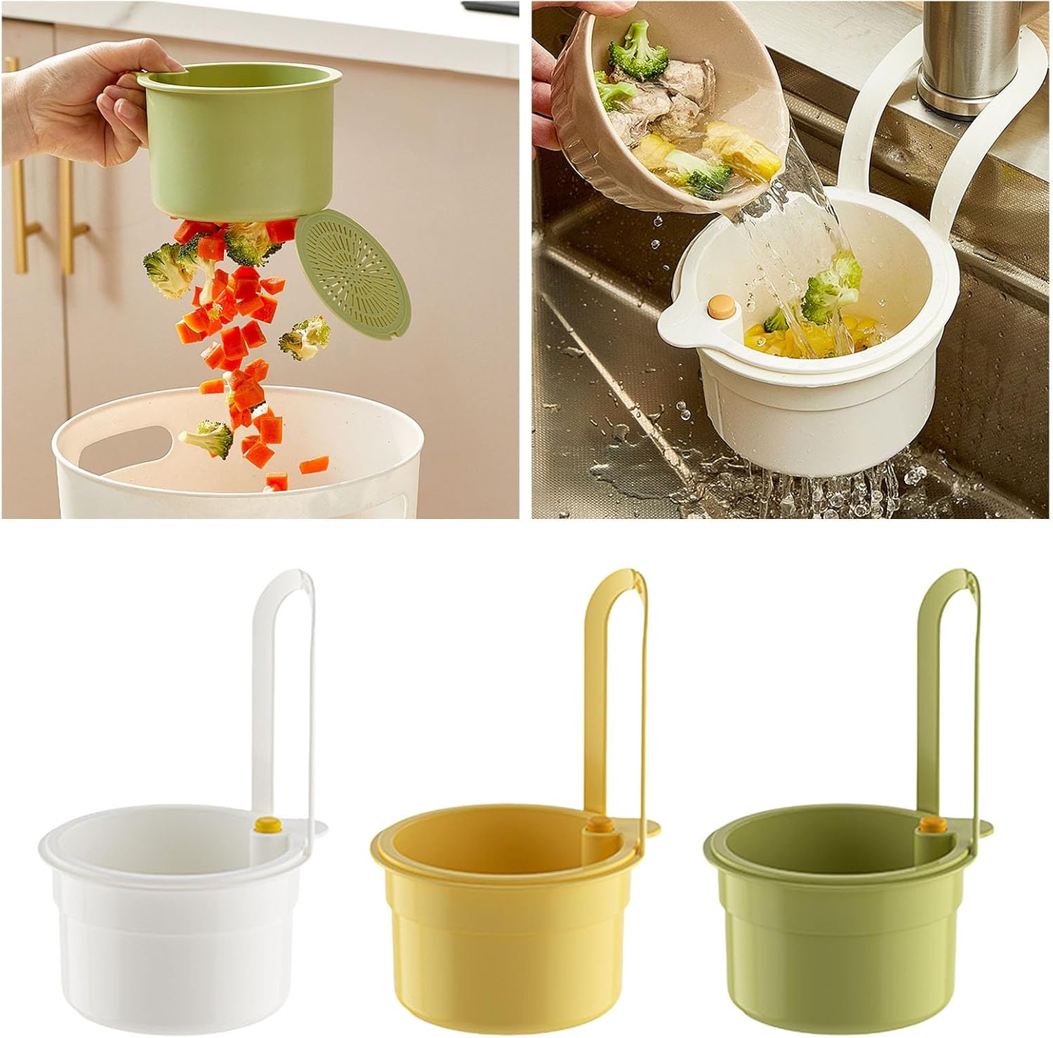 Kitchen Sink Strainer Basket, Self Cleaning Sink Food Waste Catcher, Faucet Hanging, Press Automatic Dumping Kitchen Draining Basket, Waste Rack Trash Catcher for Leftovers Green+White+Yellow