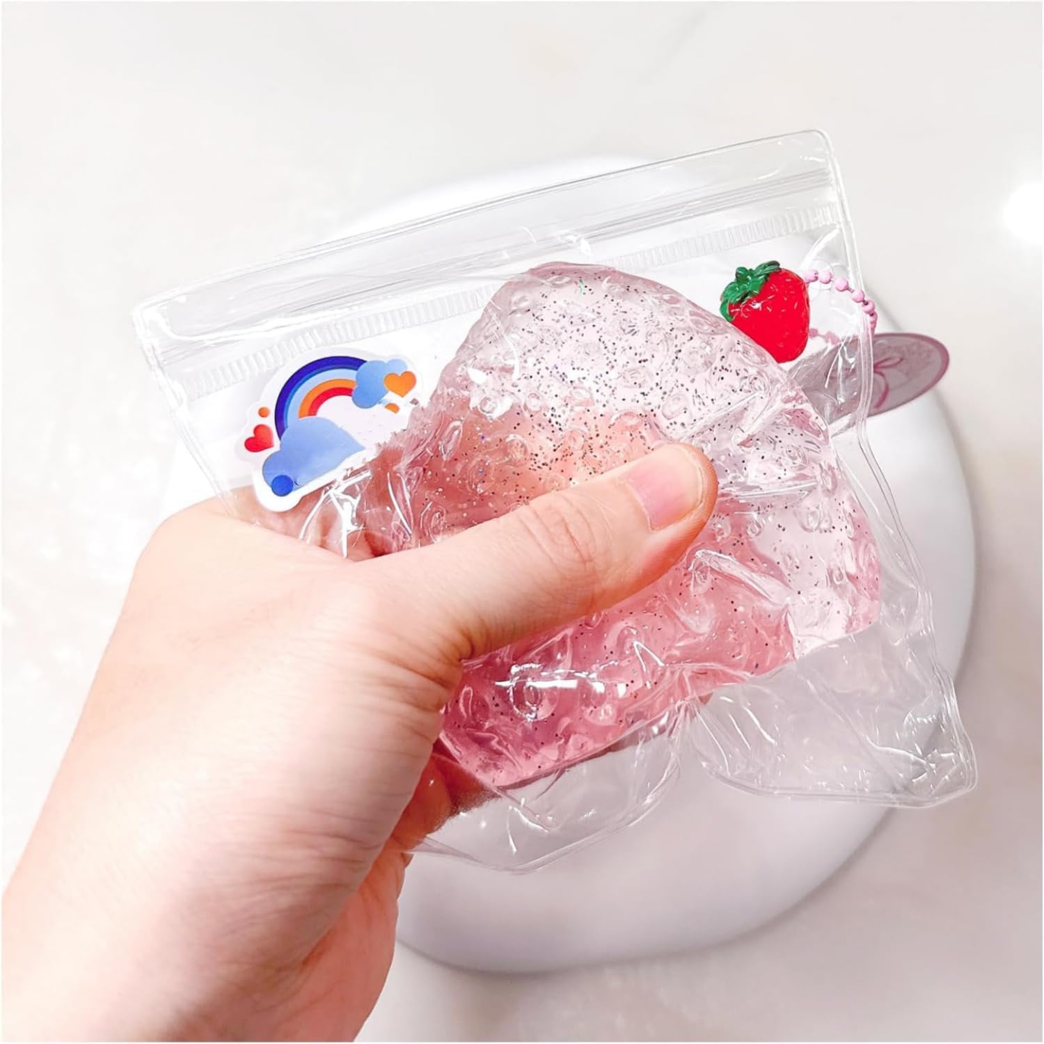 Taba Squishy Strawberry, Strawberry Taba Squishy Toys, Handmade Taba Squishy Clear Stress Relieving for Adults Office School 1 Fine Glitter