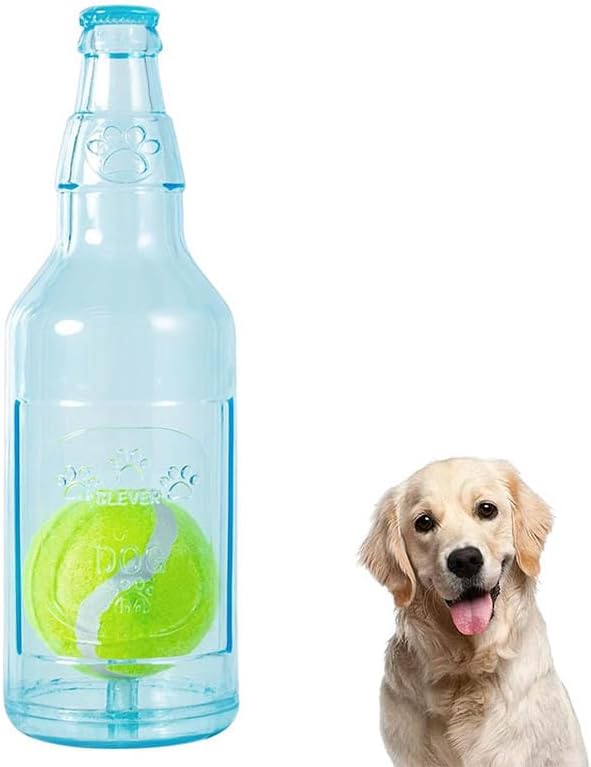 Water Bottle Dog Toy, Crunchnplay Bottle Toy,Crunchnplay Dog Chew Bottle Toys Squeaky,Rubber Water Bottle Toys with Tennis Ball,Interactive Fetch Toy for Play and Training,Small Blue, Small
