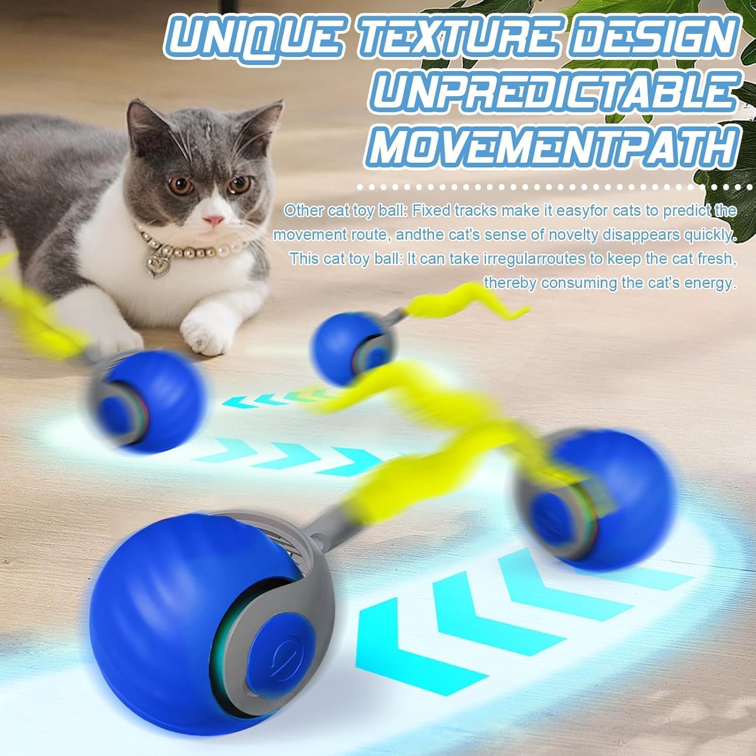 Speedy Ball with Tail Cat Toy, Smart Interactive Toy for Bored Indoor Cats 2 Speeds, Automatic Cat Rolling Ball 2.0 Enrichment Toys, USB Rechargeable Cat Ball，Motion Activated Blue