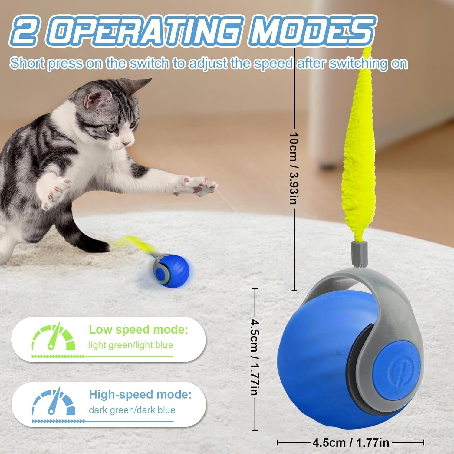 Speedy Ball with Tail Cat Toy, Smart Interactive Toy for Bored Indoor Cats 2 Speeds, Automatic Cat Rolling Ball 2.0 Enrichment Toys, USB Rechargeable Cat Ball，Motion Activated Blue