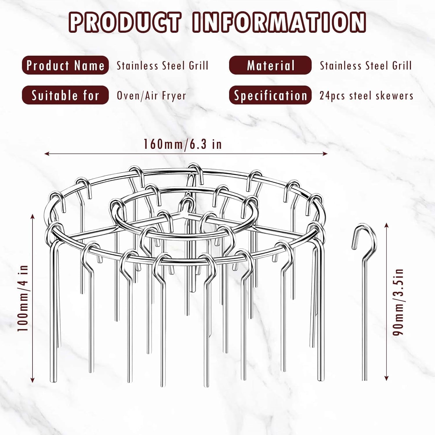 Air Fryer Barbecue Grill Vertical Barbecue Kebab, 24 Skewer Air Fryer Rack Round, 6 Inch Air Fryers Skewer Stand, With 24 Skewers, Multifunctional Grill for Cooking Kebabs 12 skewer