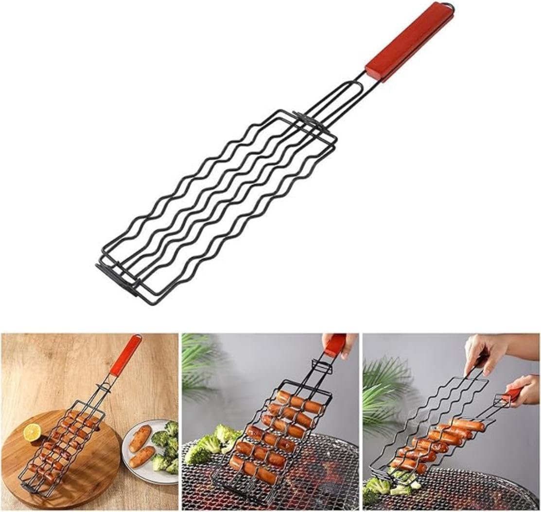 Hotdog Bbq Basket, Stainless Steel Hotdog Roller Grill With Wood Handle Sausage Roller Rack Hot Dog Roller Basket for Kitchen, Party and Campfires Cooking
