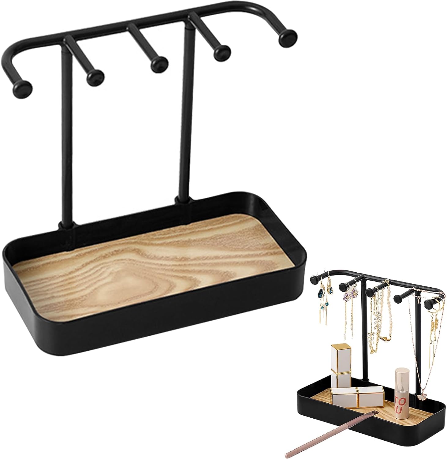 Jewelry Organizer Stand, Necklaces Holder with Wooden Tray, Necklace Display Stand Jewelry Storage Hooks for Necklace, Bracelets, Earrings, Ring, Keys, Watches Black